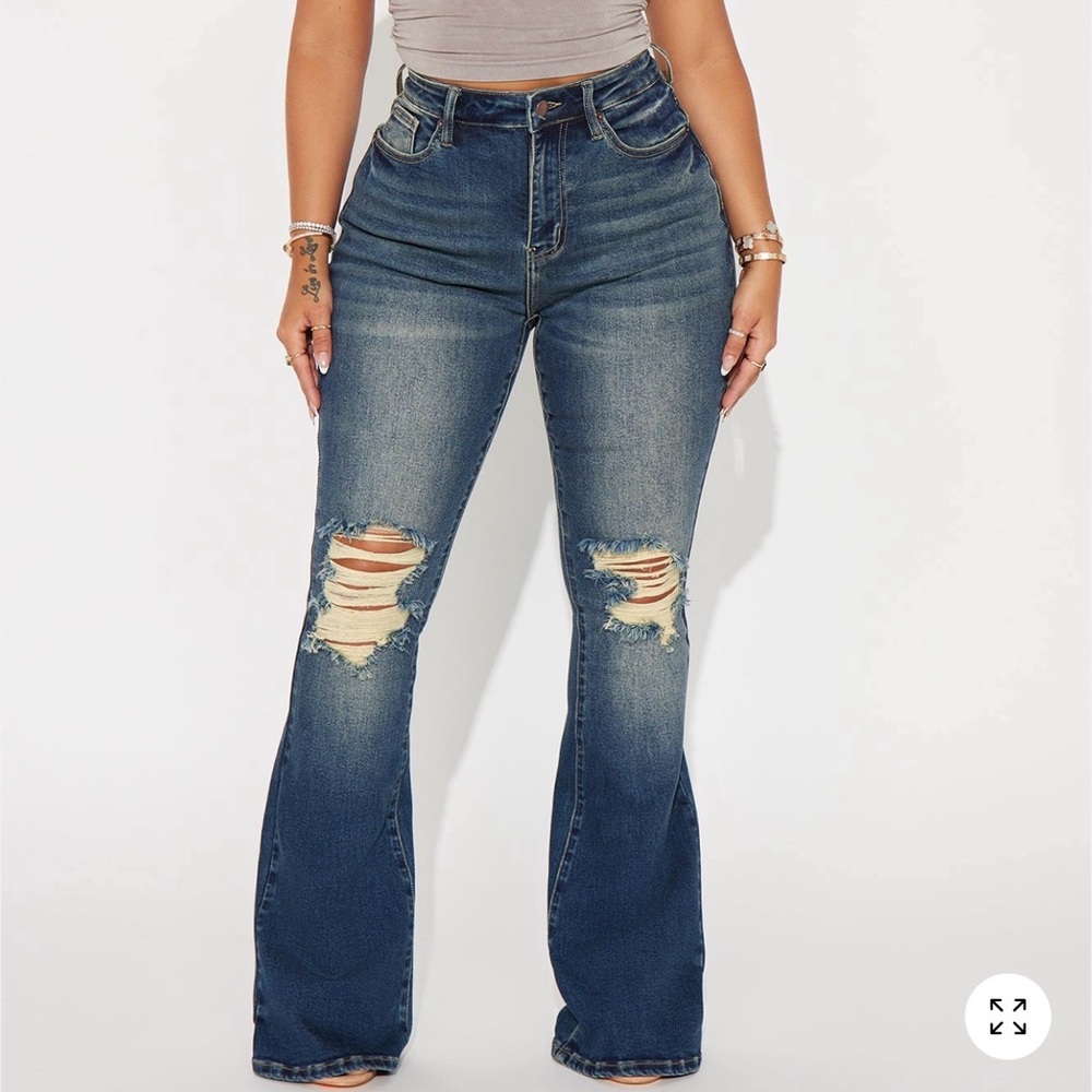 Fashion Nova Dark Blue Distressed Flare Jeans
